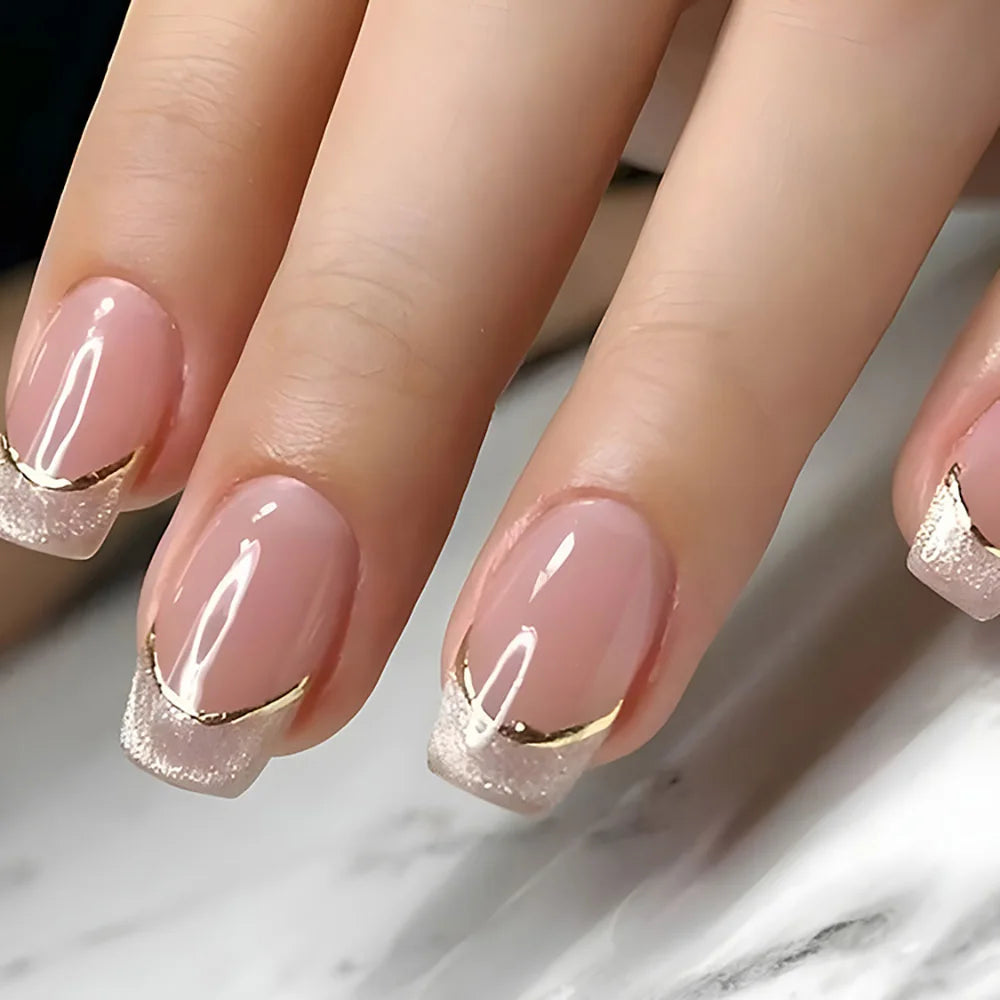 Nude square fake nails with sparkling shimmer nail tips french golden strips design full cover reusable press on Artificial Nai
