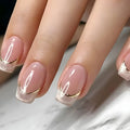 Nude square fake nails with sparkling shimmer nail tips french golden strips design full cover reusable press on Artificial Nai