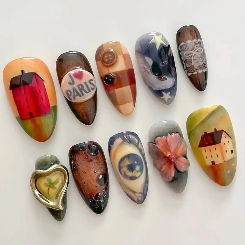 European Countryside Painting Handmade Press-On Nails – Almond, 10 Pcs