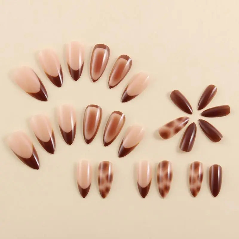 Nude brown fake nails for women gilrs leopard print glossy french Medium almond nail tips full cover press on acrylic false nail