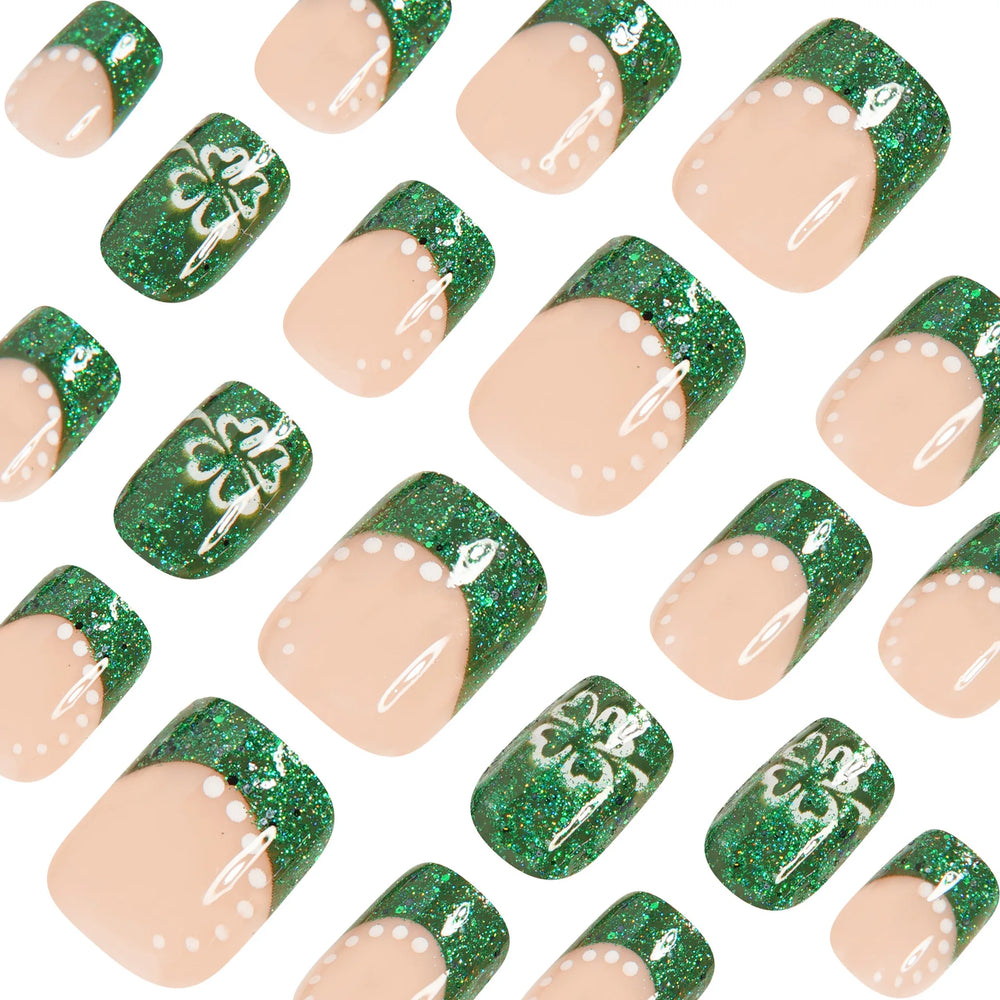 Green & White Clover Glitter St. Patrick's Press-On Nails – Short/Medium