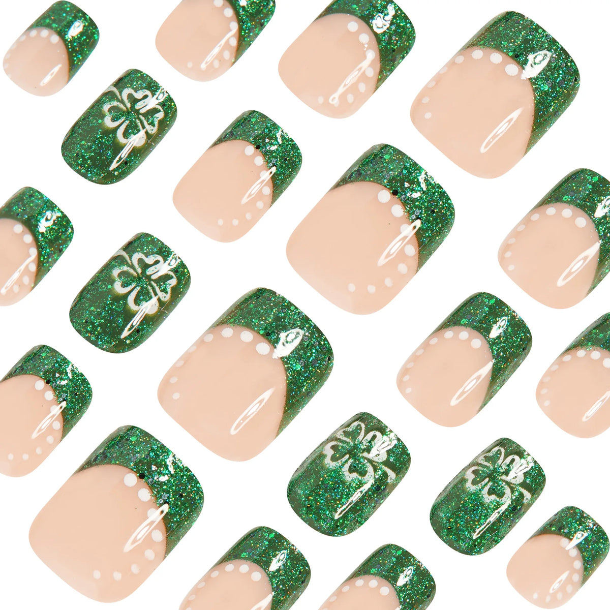 Short Medium fake nails for women girls green white four-leaf clover with glitters for St. Patrick's Day press on false nail set