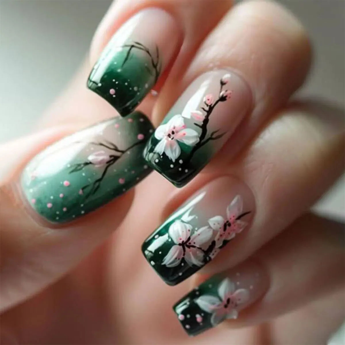 24pcs/set Medium long fake nails for Spring summer season Flowers leaf gradient color Square almond tips press on false nail art