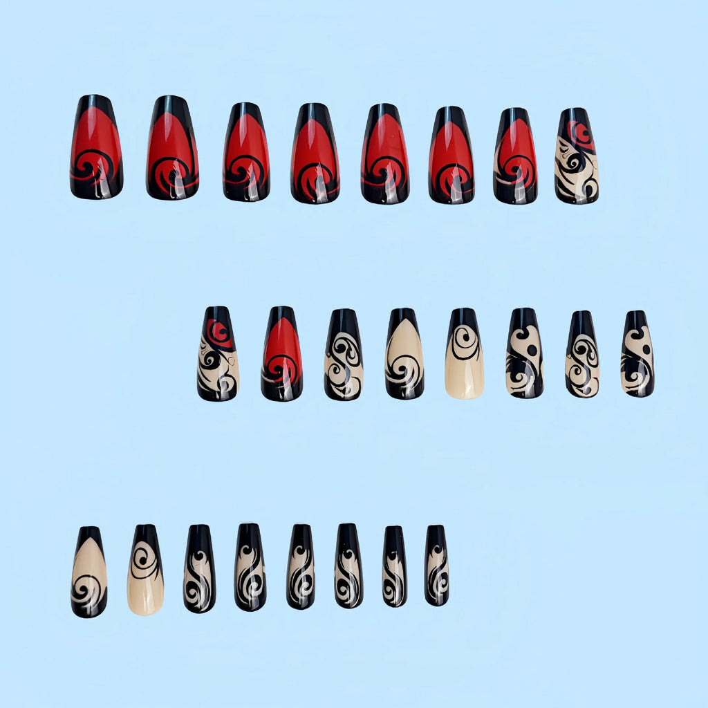 Short Medium fake nails for women gilrs black red flowers strips design full cover square ballet tips press on false nail art