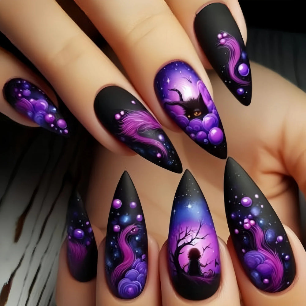 Halloween Bat, Skull & Pumpkin Press-On Nails – Medium Almond Square, 24 Pcs