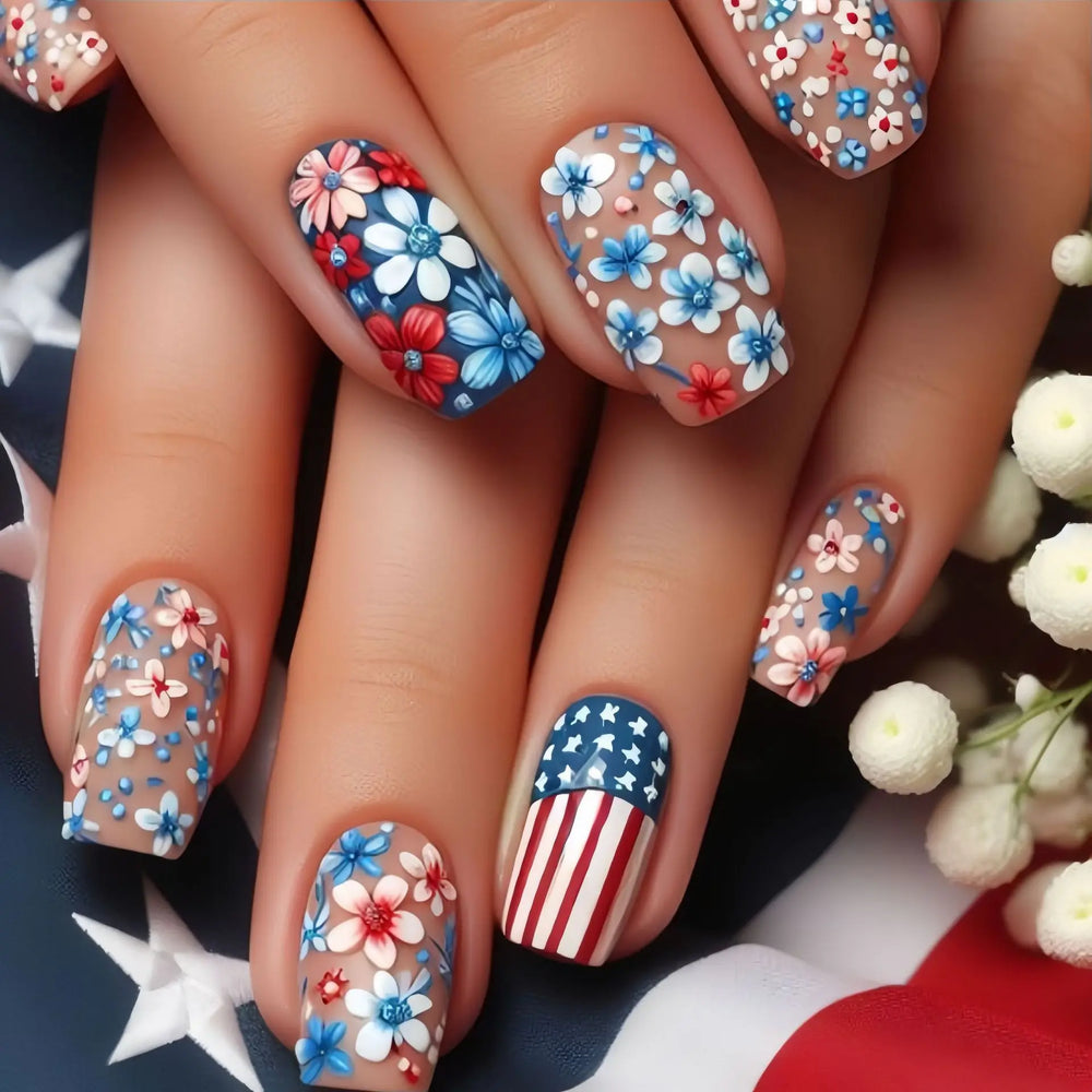 Red Blue Star & Stripe Independence Day Press-On Nails – Medium