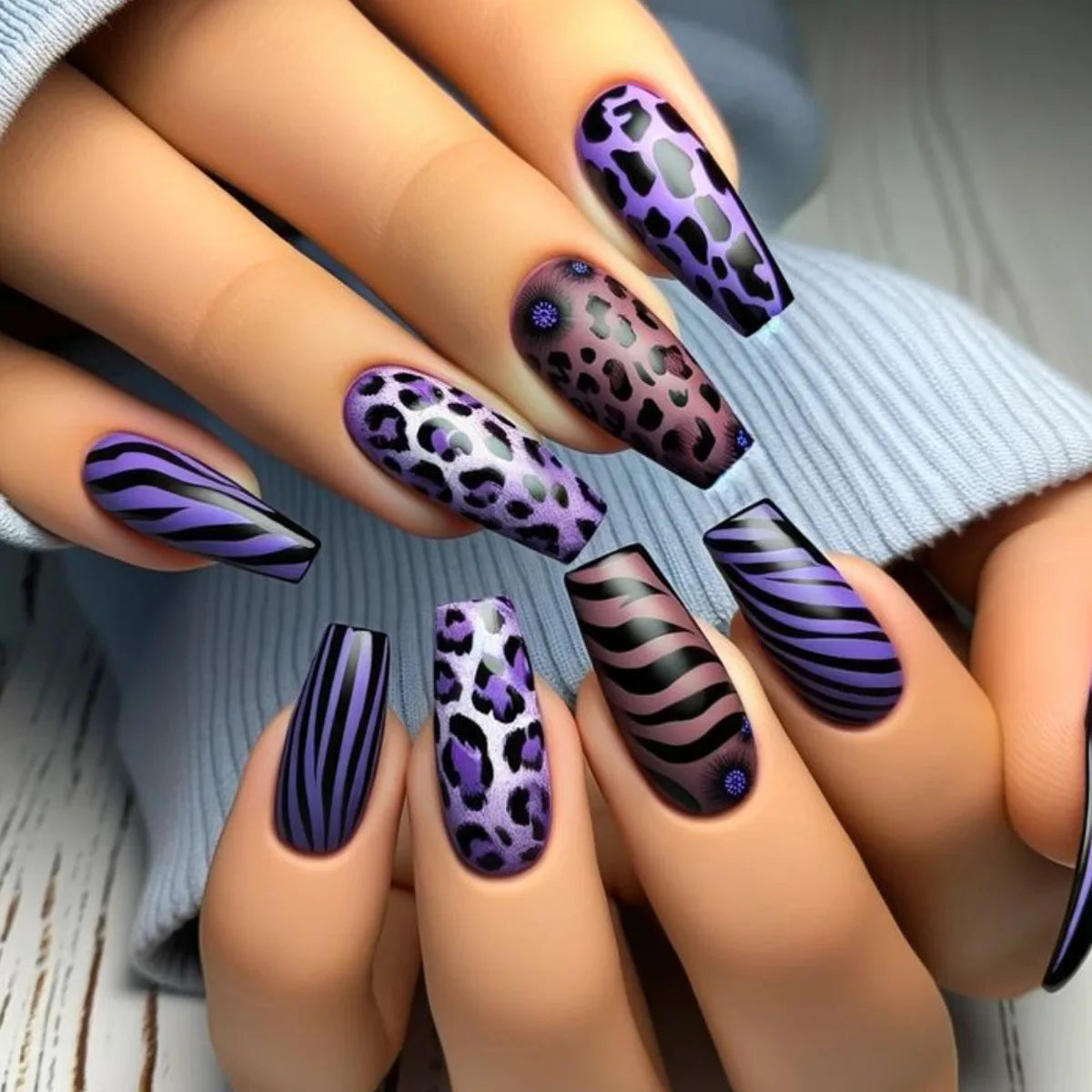 24pcs/set Medium long fake nails for women girls summer autumn Y2K leopard flowers Square ballet tips press on false nail art