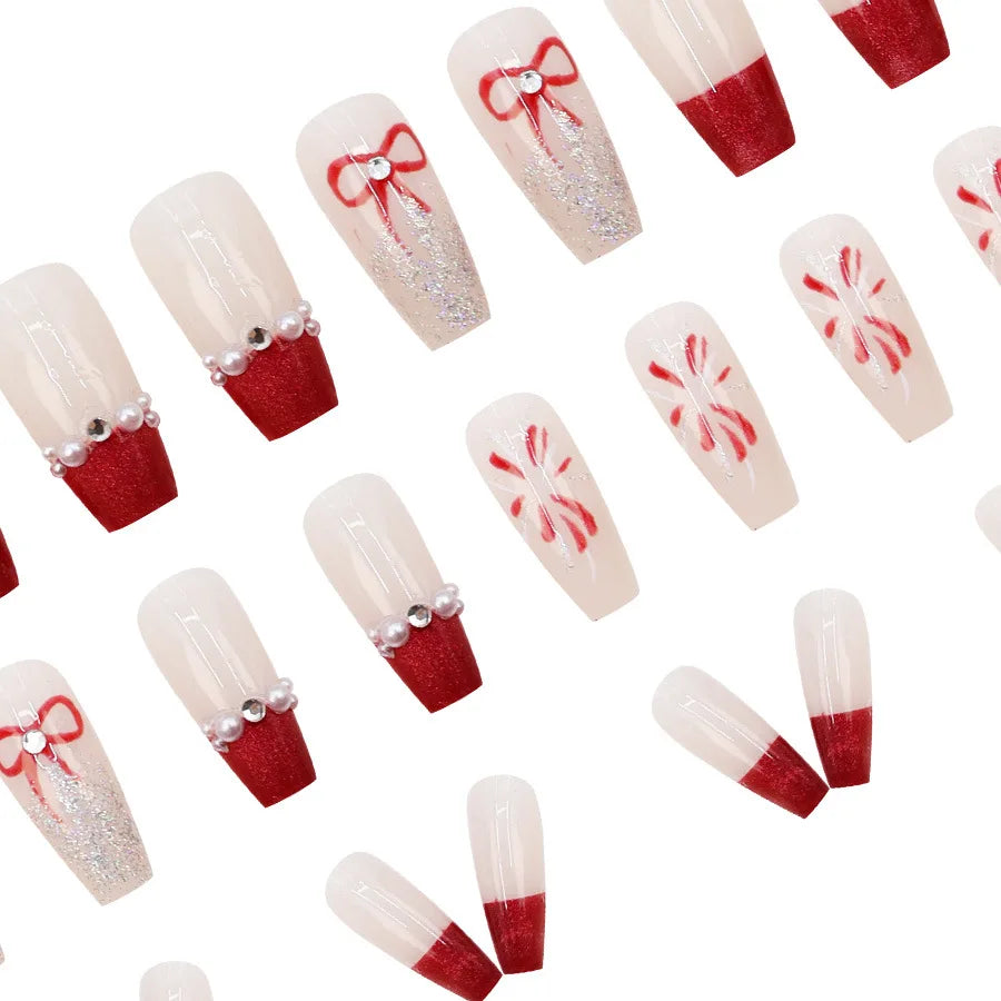 White & Red Pearl Rhinestone Glitter Ballet Press-On Nails – Medium