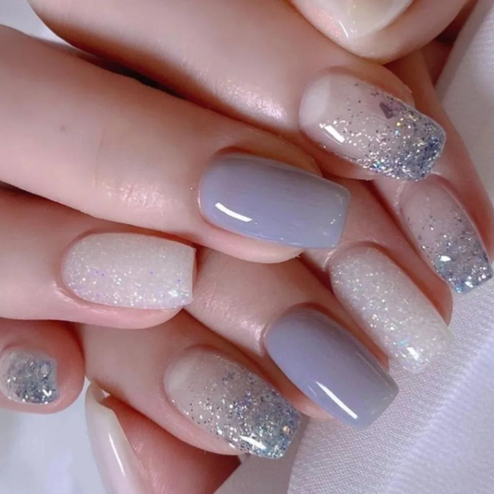 24pcs/set Medium long fake nails for summer season gradient dream blue golden Pink flash star wave lines press on false nail art