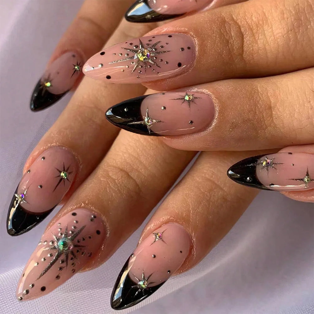 Gold & Silver Star Glitter Press-On Nails – Nude Purple Black, Almond Square