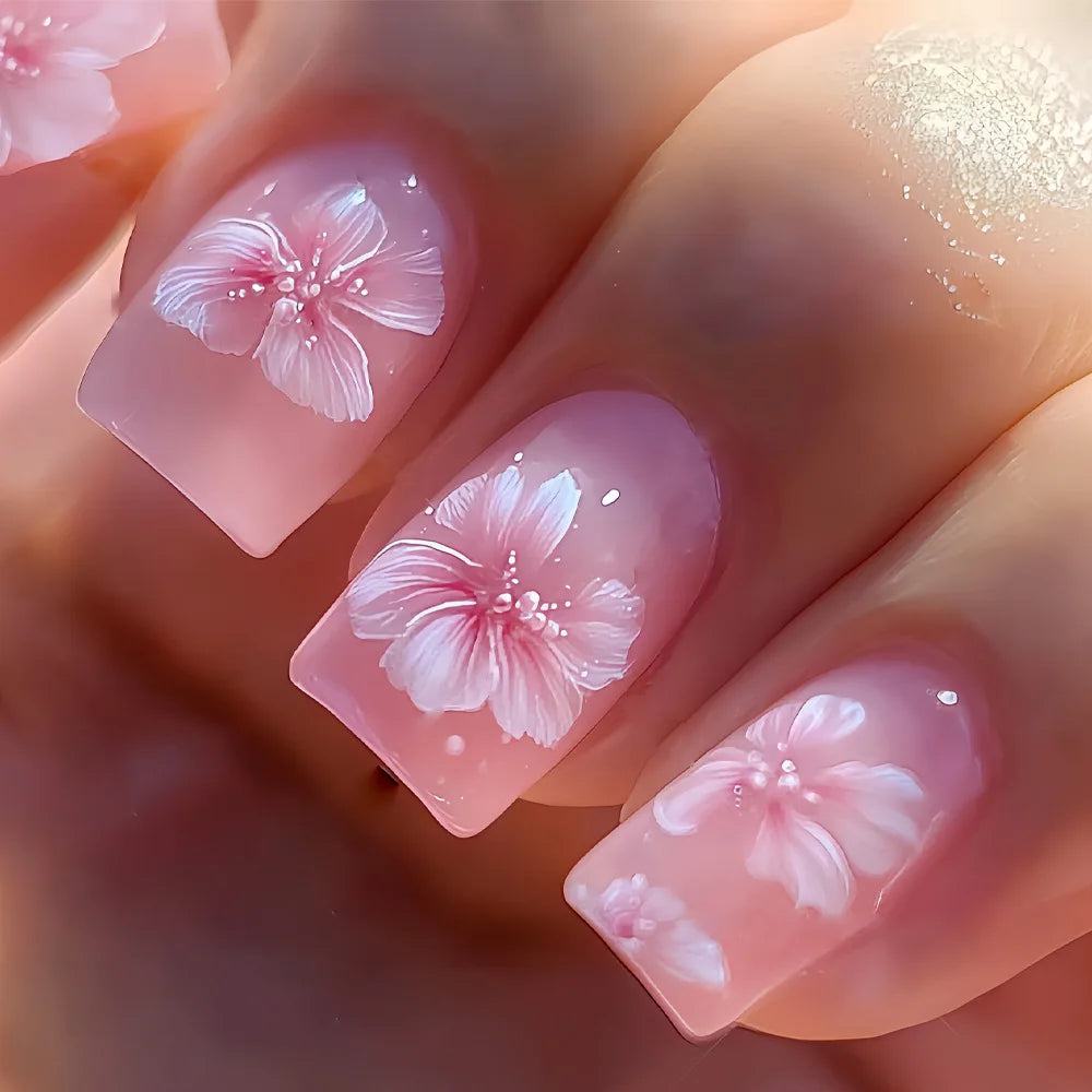 Short Medium long fake nails for women Gradient purple Pink red flowers butterfly Y2K Square summer tips press on false nails