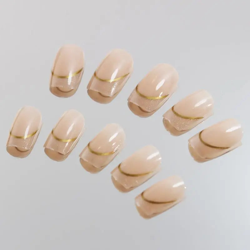 Nude square fake nails with sparkling shimmer nail tips french golden strips design full cover reusable press on Artificial Nai