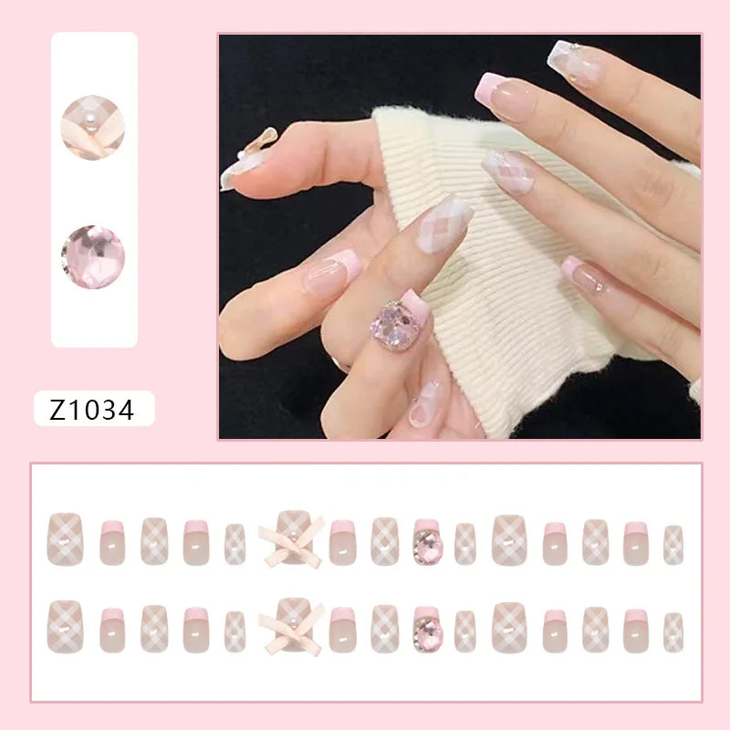 White 3D Bow Rhinestone French Press-On Nails – Short Square, 24 Pcs