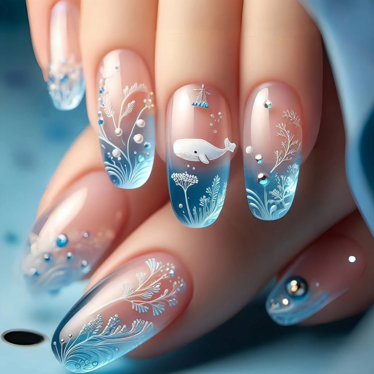 24pcs/set Medium Long Fake Nails for Summer Gradient Blue Ocean Jellyfish Water Plan Fish Cute Square Tips Press On False Nail