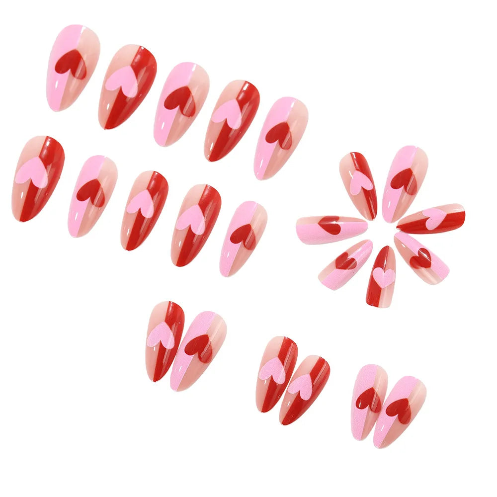 Medium Almond Fake Nails for Women Girls Red Pink Heart with Polka Dots Design for Valentine's Day Manicure Press On False Nail