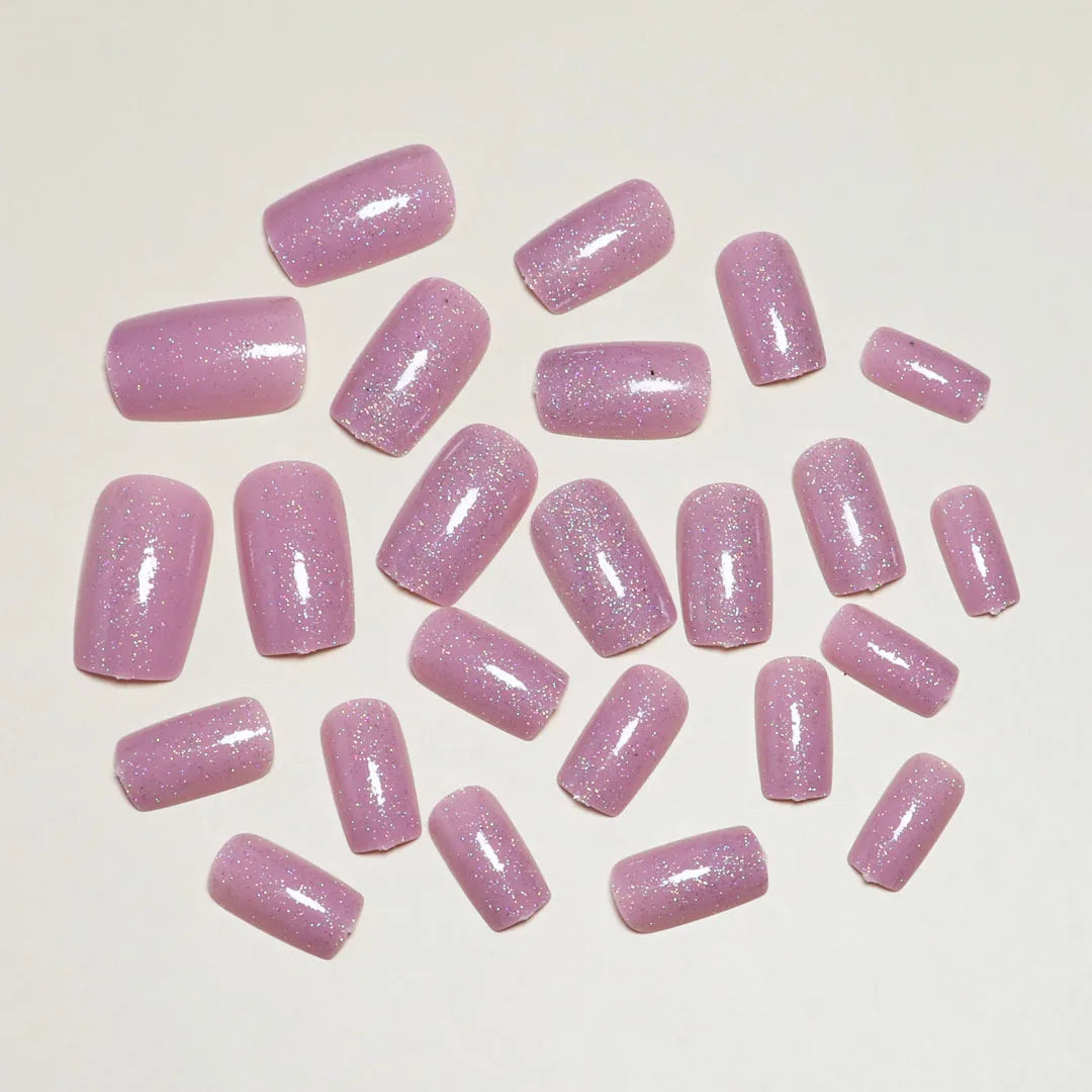 24pcs/set Pink fake nails for women girls with sparkling glitters Square nail tips full cover reusable press on false nail art