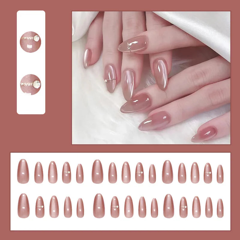 Short Medium fake nails for women gilrs light coffee nude pink glossy cat eyes Minimalist style Oval almond tips press on nails