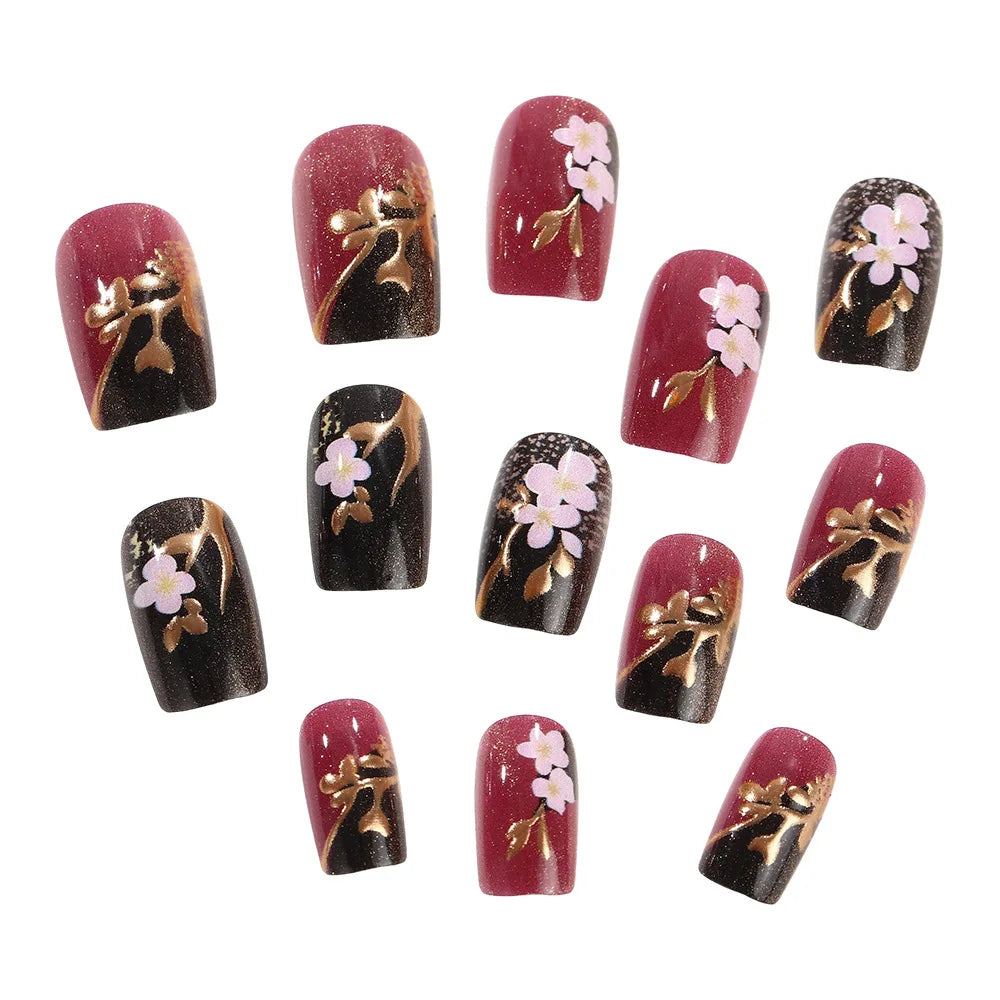 3D golden plated fake nails Medium square shape Spring summer flowers pink white blue black red full cover tips press on nail
