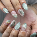 Short fake nails  for women nude green almond nail tips with 3D white flowers design full cover reusable press on false nail