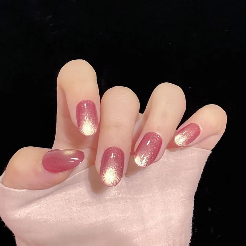 24pcs/30pcs/set short medium fake nails cat's eye flash square nail tips gradient Pink yellow blue purple press on false nails