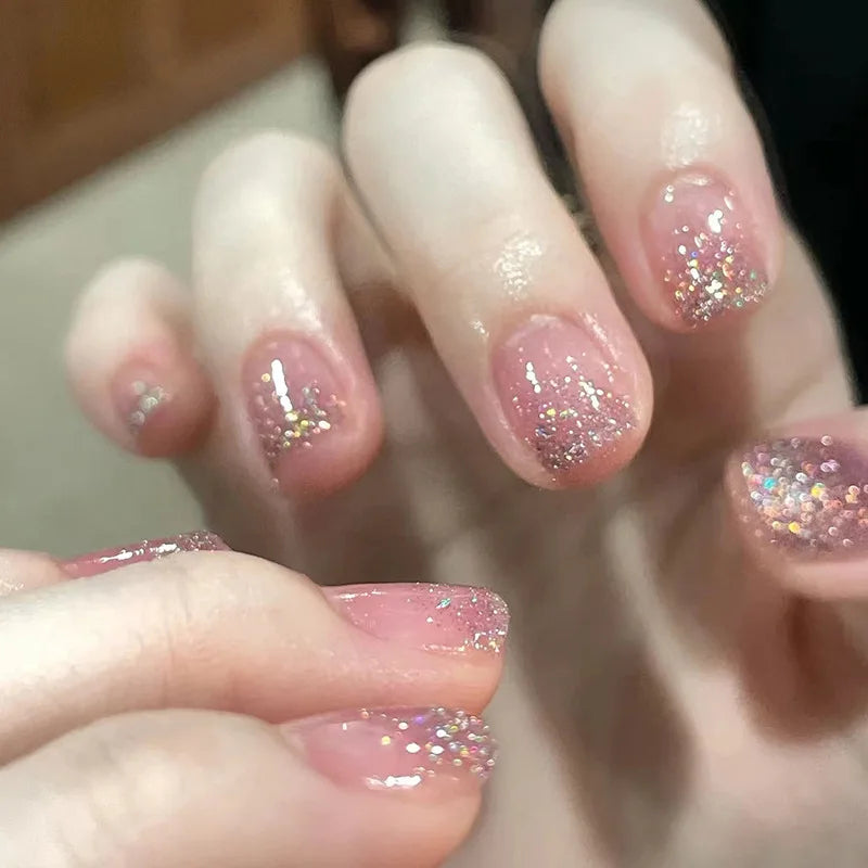 24pcs/set Short Medium Long fake nails golden brown silver sparkling glitter Square almond ballet tips press on false nail art