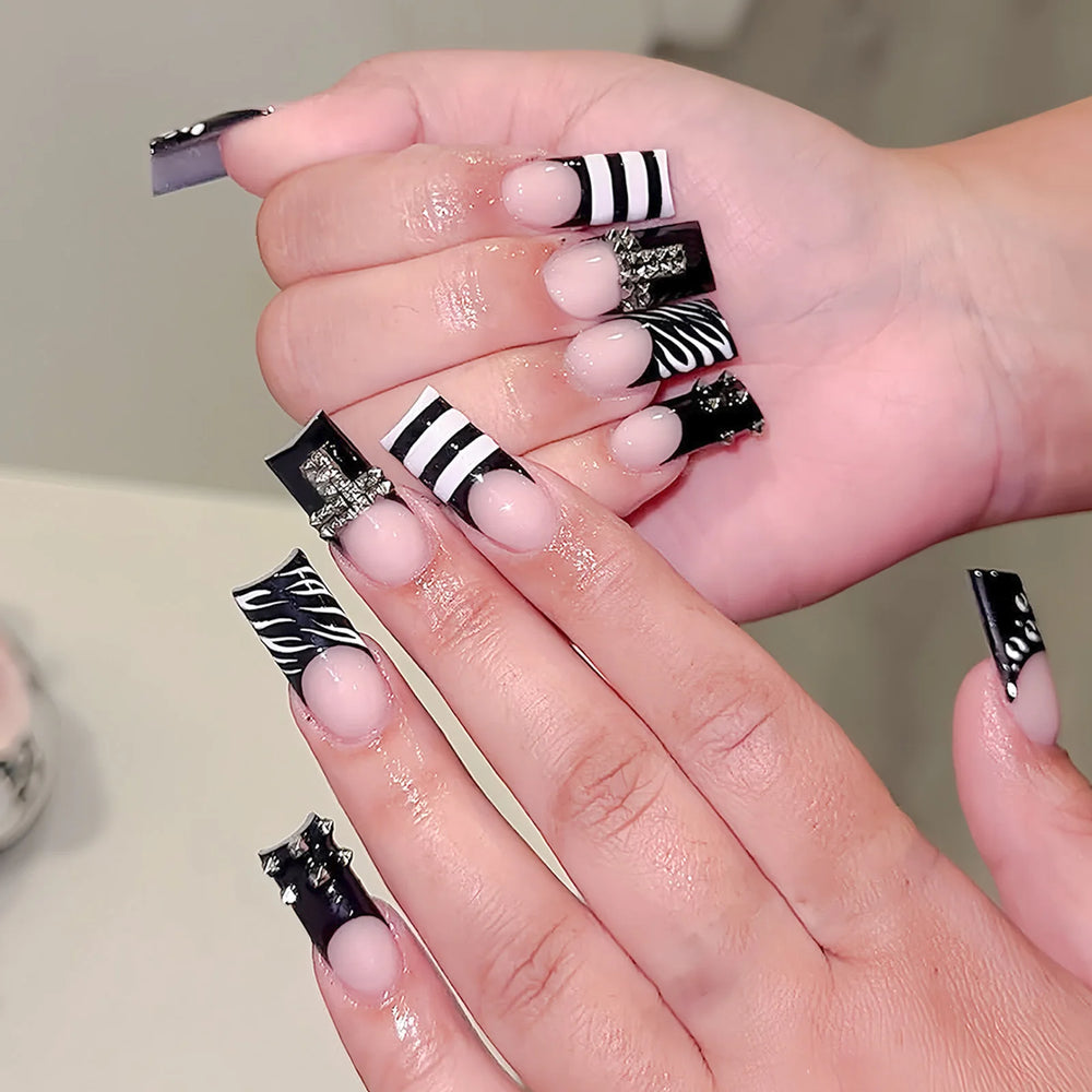 Dark Black French Metal Bow Press-On Nails – Almond, 24 Pcs