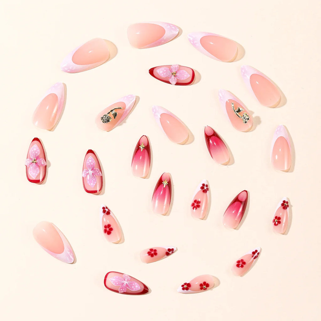 3D fake nails for women girls gradient pink red embossed flowers with golden rhinestones almond nail tips press on false nail