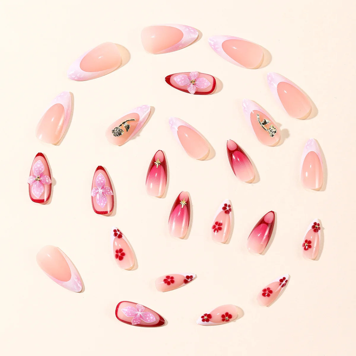 3D fake nails for women girls gradient pink red embossed flowers with golden rhinestones almond nail tips press on false nail