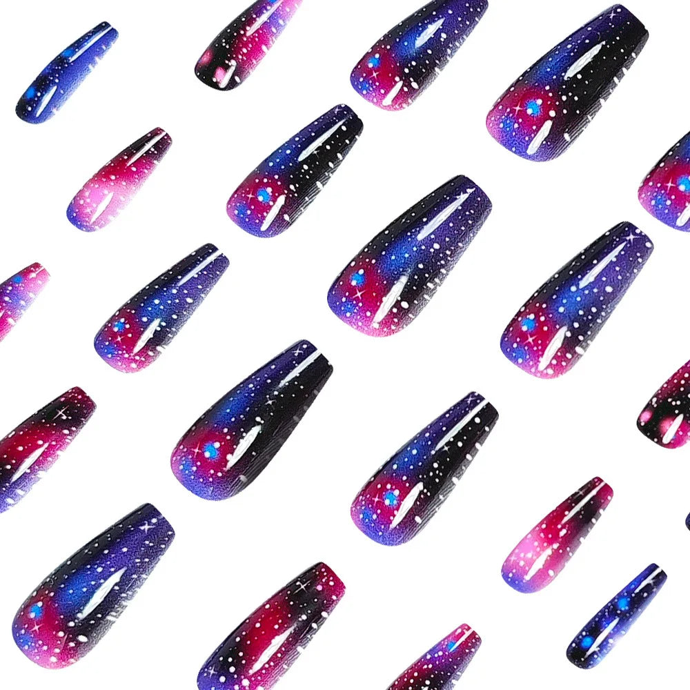 24pcs/set Gradient purple colors fake nails starry night sky glossy ballet shape nail tips full cover press on false nail set