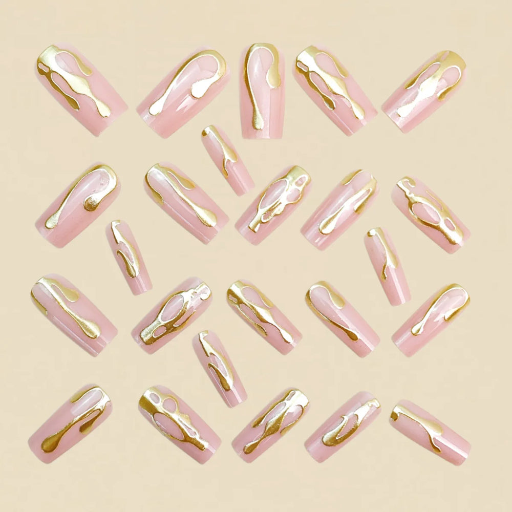 3D Gold Gilded Nude Square Press-On Nails – Medium Long