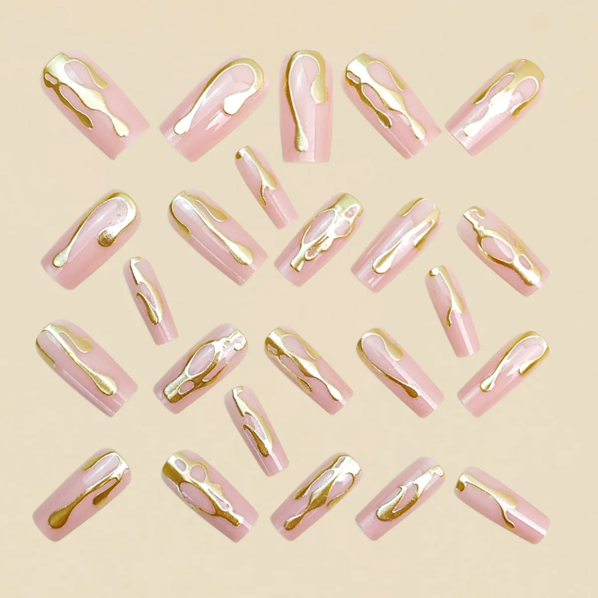 Medium long fake nails for women 3D golden gilding in nude quare nail tips full cover reusable press on Artificial Nails set