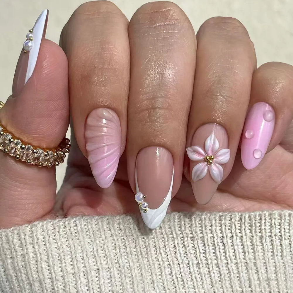 3D Flower Butterfly Rhinestone Gold Foil Press-On Nails – Medium Long, 24/30 Pcs