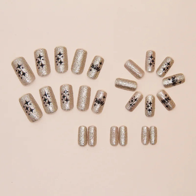 24pcs/set fake nails for women girls super flash Champagne Gold or nude green colors square shape reusable press on false nails