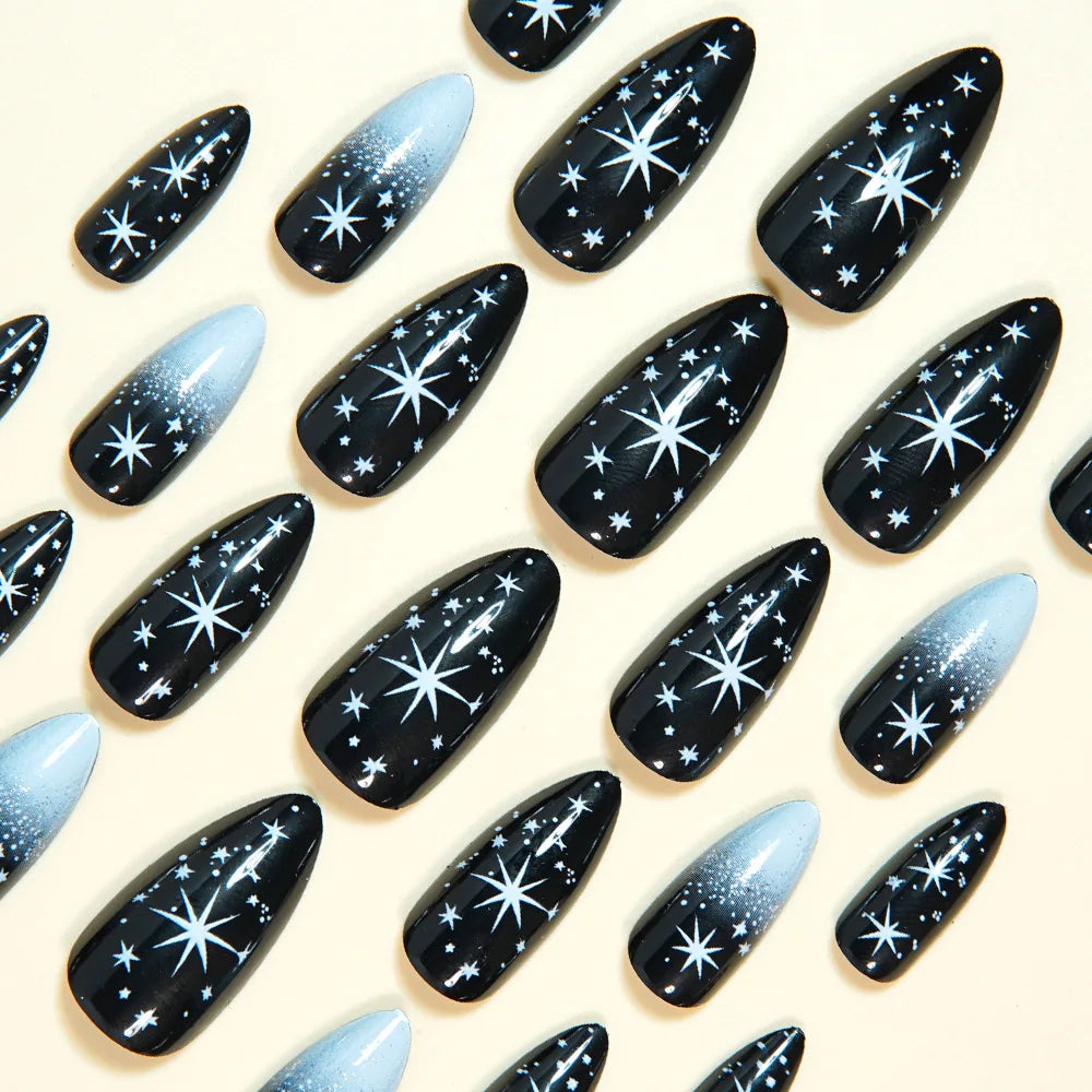 Black White Beige Gradient Gold Star Almond Press-On Nails – Medium