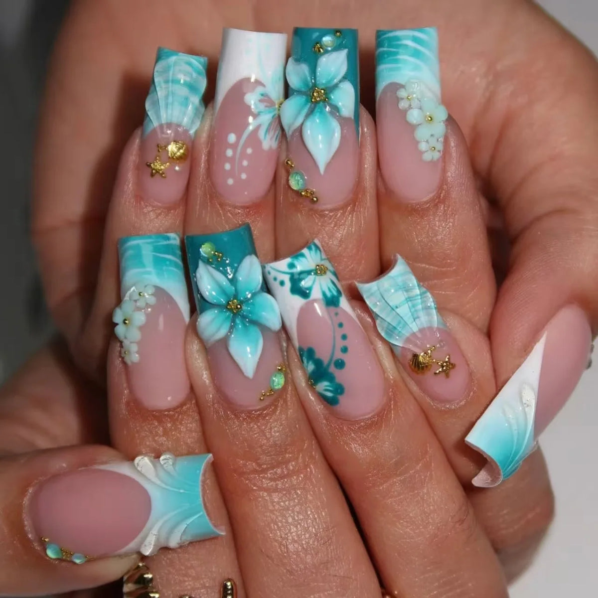3D Fake Nails Gradient Pink Purple Green Blue Orange Embossed Flowers Fruit Metallic Rhinestones Medium Tips Press On False Nail