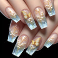 24pcs/set Medium long fake nails for women girls gradient Blue Ocean fish water plans jellyfish flowers press on false nail art
