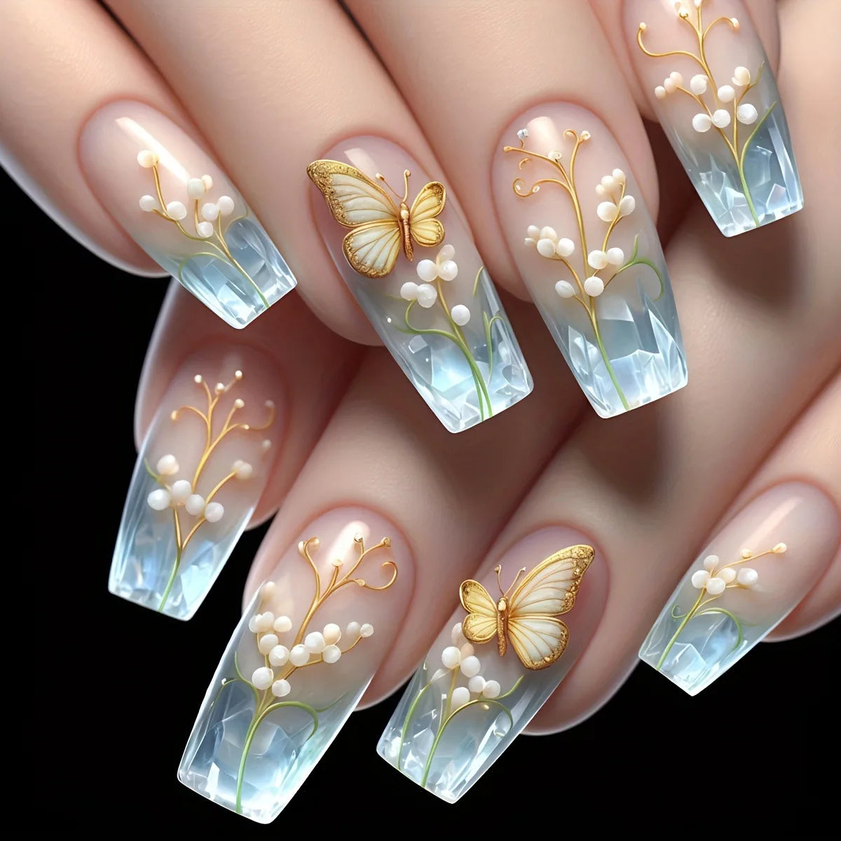 24pcs/set Medium long fake nails for women girls gradient Blue Ocean fish water plans jellyfish flowers press on false nail art