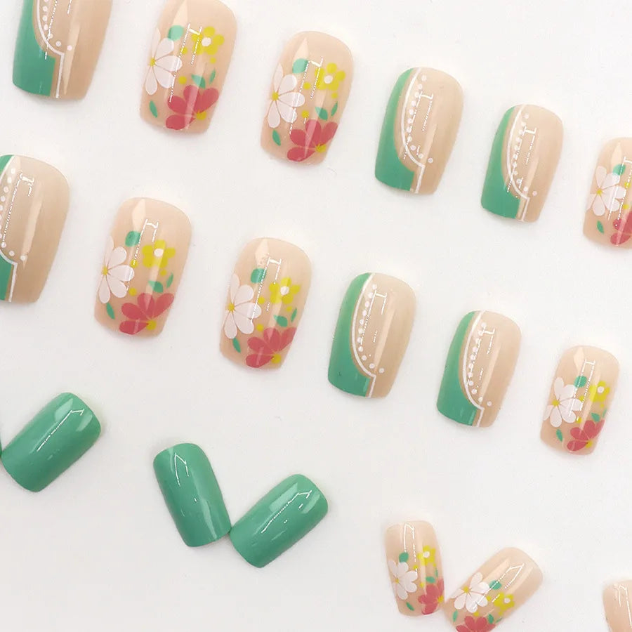 Medium Square fake nails for women french style nude green yellow blue pink flowers for spring summer full cover press on nail
