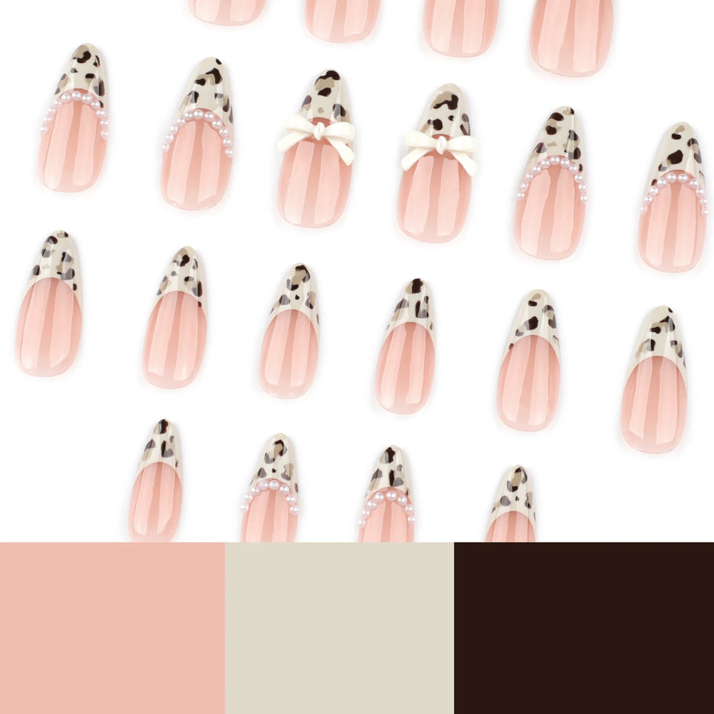 Light Coffee French Leopard & Bow Press-On Nails – Almond, 24 Pcs