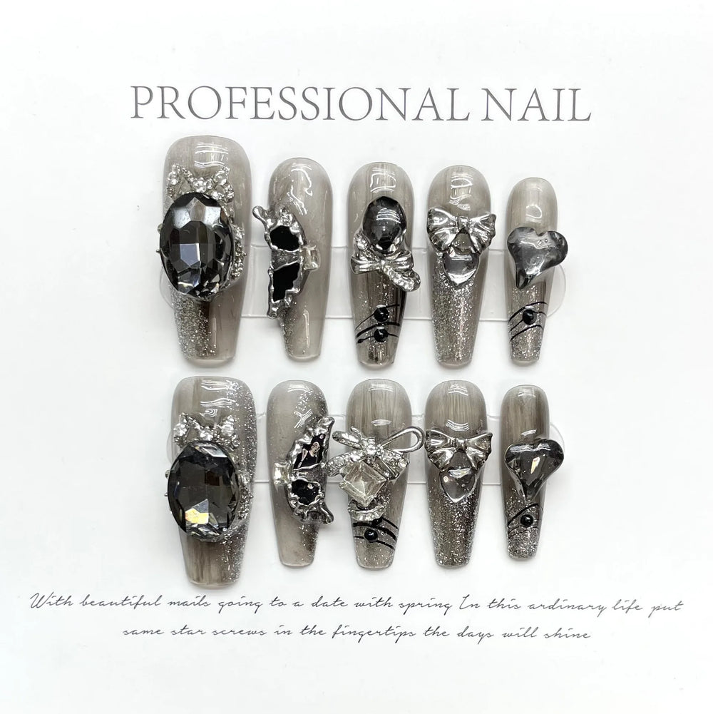 Black Chain & Butterfly Punk Handmade Press-On Nails – Long Coffin, 10 Pcs