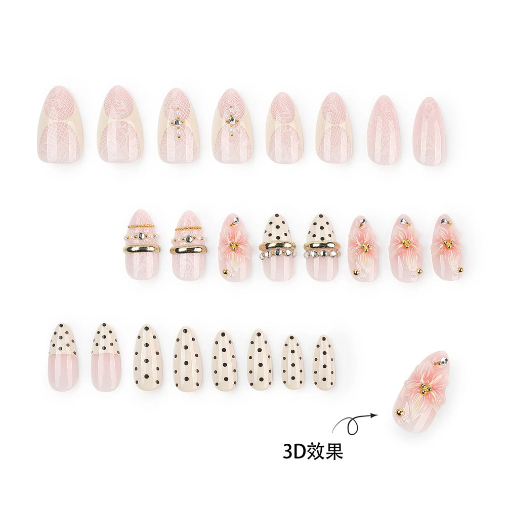 White Polka Dot 3D Flower Press-On Nails – Ballet Almond, 24 Pcs