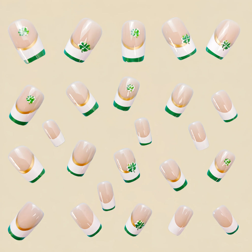 Medium fake nails nude square shape with white green edge Four-leaf clover for St. Patrick's Day press on false nail art set