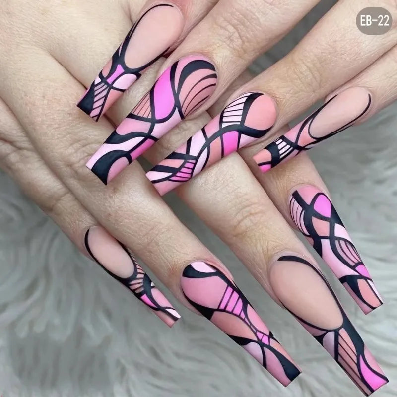 Medium long fake nails for women girls y2k Color Block Stripe Ballet Almond Nail tip Press-On False Nails Set for quick manicure