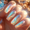 24pcs/set Medium long fake nails for summer season gradient dream blue golden Pink flash star wave lines press on false nail art
