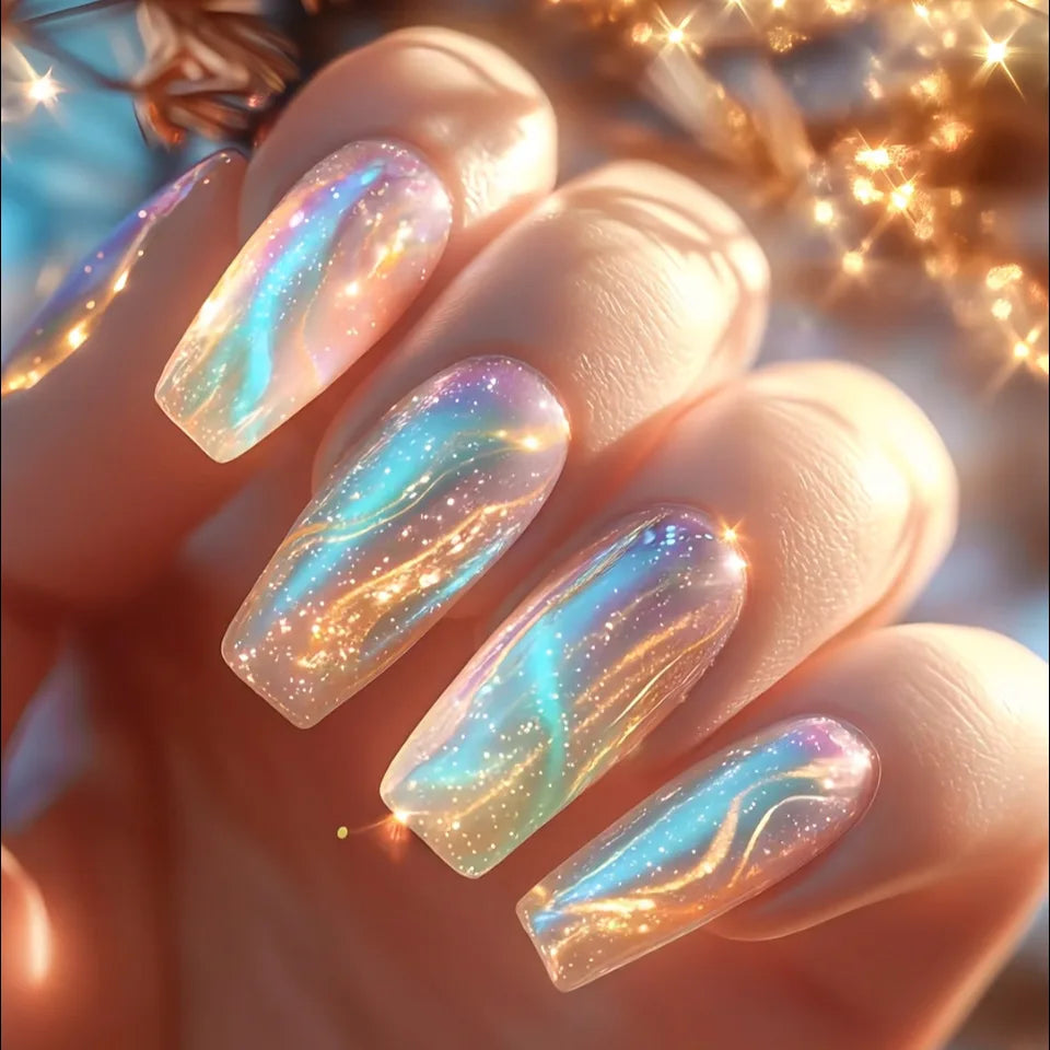 24pcs/set Medium long fake nails for summer season gradient dream blue golden Pink flash star wave lines press on false nail art