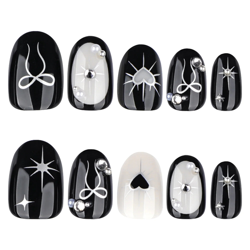 Gothic Black Silver Heart & Bow Press-On Nails – Short Almond, 24 Pcs