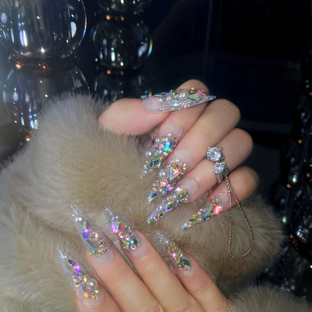 Full Rhinestone Sparkle Press-On Nails – Long Coffin, 24 Pcs