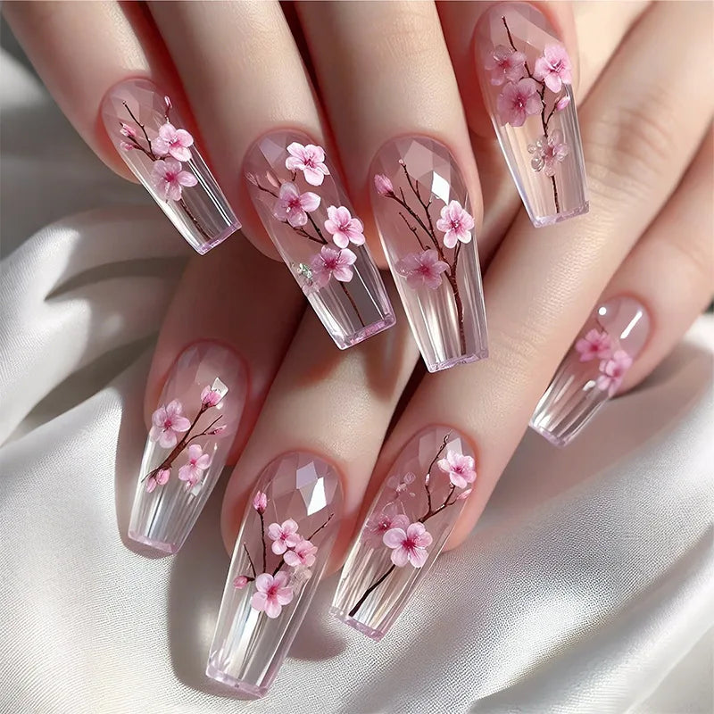 Medium long fake nails for women girls half clear nail tips pink flowers design ballet shape full cover reusable press on nails