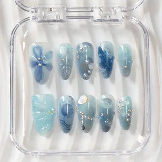 Blue Ombre Seashell & Pearl Handmade Press-On Nails – Almond, 10 Pcs