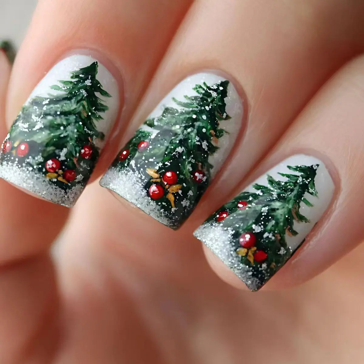 Medium Square almond fake nails for Christmas party Winter forest snowflakes Santa Claus Santa Claus design press on false nail